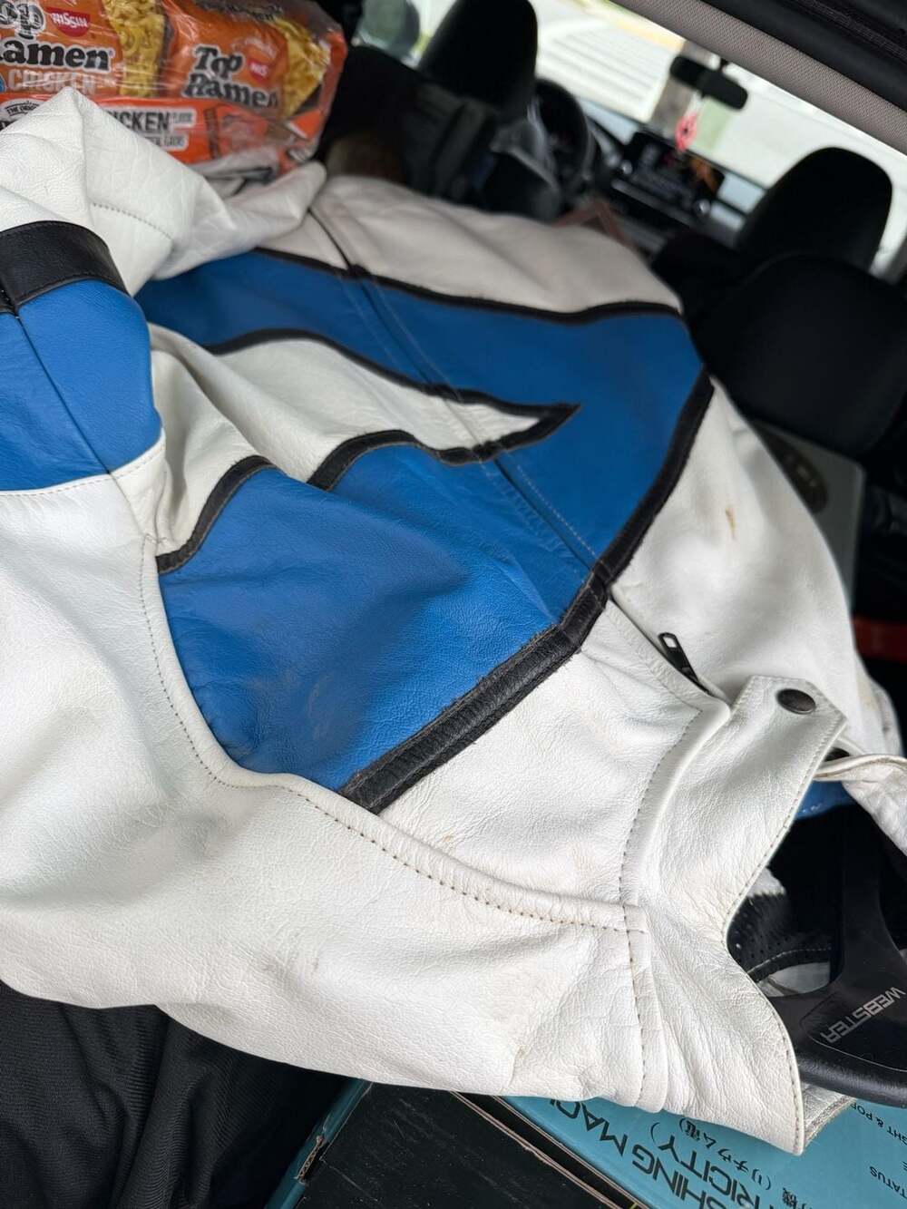 Vintage Pro-Sport Leather Motorcycle Racing Jacket White Blue Size 46/38